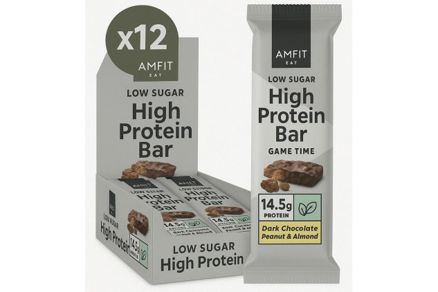 Amfit Nutrition Low Sugar Plant Protein Bar, Dark Chocolate, Peanut & Almond Flavour, 55g, Pack of 12