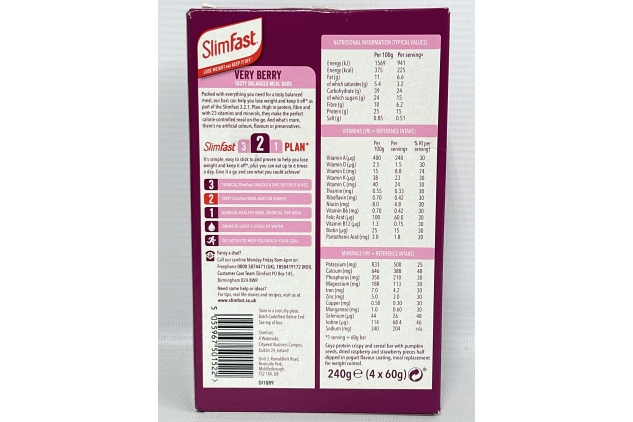 SlimFast Meal Bars Very Berry – 4 x 60g – High Protein, Low Calorie, 23 Vitamins