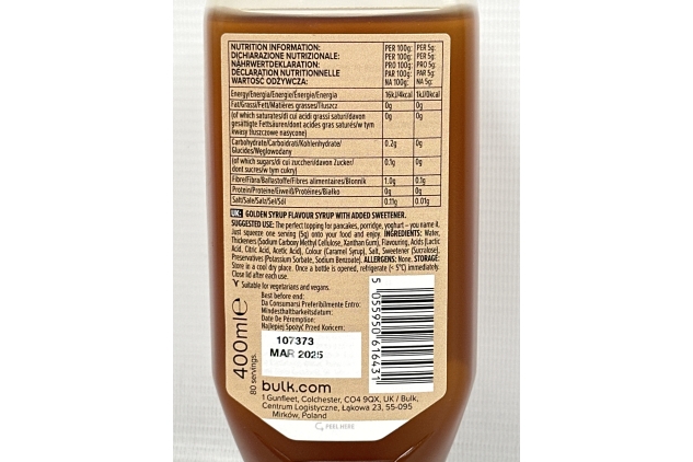 Bulk Zero Calorie Syrup, Sugar Free, GOLDEN SYRUP 400ml, 80 Servings