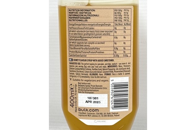 Bulk Zero Calorie Syrup, Sugar Free, HONEY, 400ml, 80 Servings