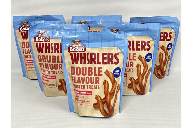 Bakers Whirlers Dog Treats – Bacon & Cheese Flavour, 130g (Pack of 6), Tasty & Irresistible Snacks for Dogs