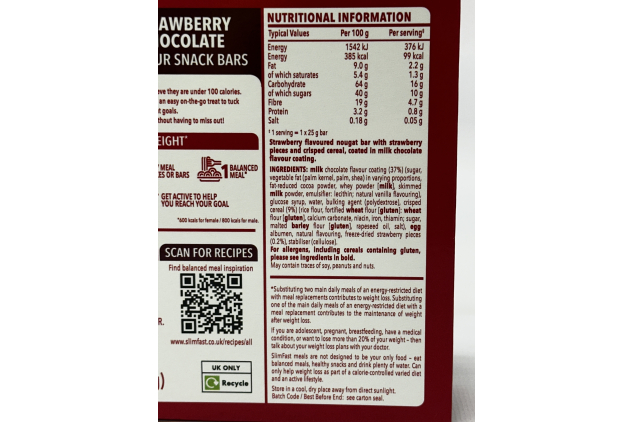 SlimFast Strawberry Chocolate Snack Bars 60 x 25g Low Calorie Multipack