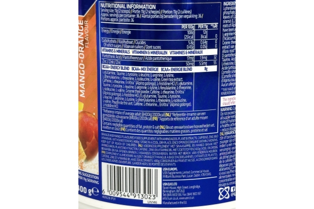BCAA Power Punch Energy – Mango Orange Flavour | EAA & BCAA Blend with Caffeine | Intra-Workout Supplement | 400g (36 Servings) USN