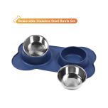 VIVAGLORY Dog Bowl Set 825ml Each Stainless Steel Dog Feeding Bowls with Non-Spill Skid Resistant Silicone Mat Navy Blue