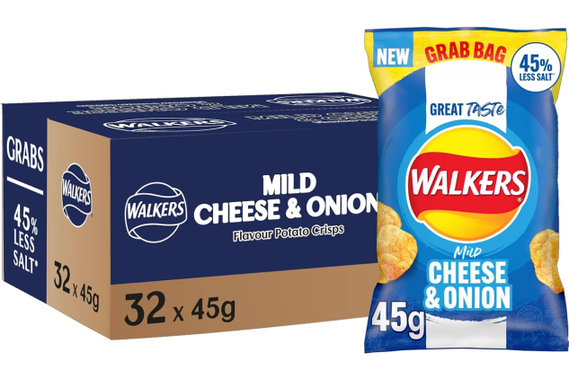 Walkers Less Salt Mild Cheese & Onion Crisps – 32 x 45g Packs