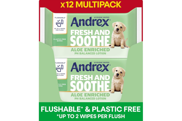 Andrex Fresh & Soothe Flushable Toilet Wipes – 12 Packs | Skin Kind with Aloe Vera & Prebiotic Lotion | Biodegradable & Plastic-Free, FSC Certified