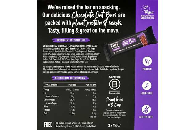 FUEL10K Chocolate Oat Bars 30 x 45g – Vegan, Gluten Free, High Protein & High Fibre