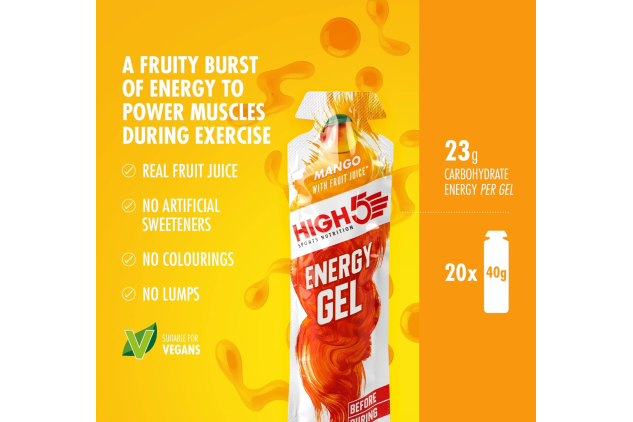 HIGH5 Energy Gels – Fast-Acting Sports Fuel for Running & Cycling – Natural Fruit Juice, Caffeine-Free (MANGO, 20 x 40g)
