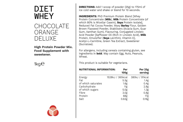 Diet Whey Protein Powder – Chocolate Orange | High-Protein Lean Matrix | 16g Protein Per Serving | 40 Servings | 1kg | PhD Nutrition