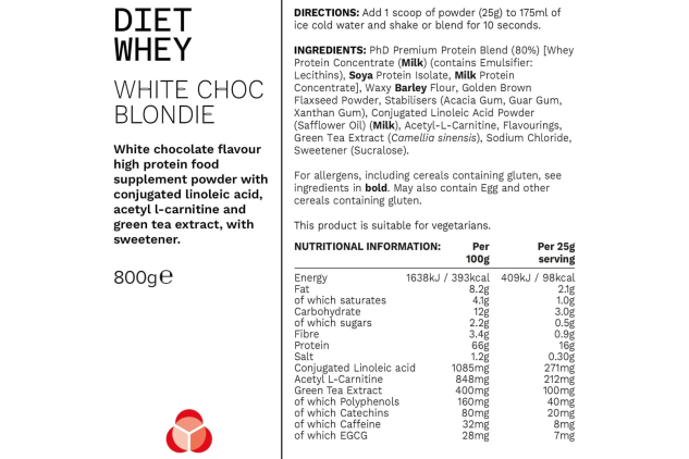 PhD Diet Whey Protein Powder – White Choc Blondie | Low Cal, Low Carb | 800g, 32 Servings