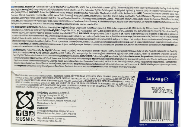 Low Sugar, High Fibre Protein Bars | Raspberry Dark Chocolate Flavour | 24 X 40g | USN