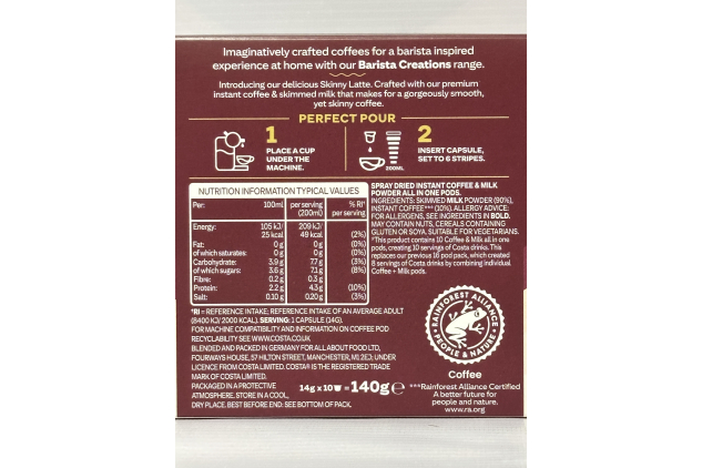 Costa Coffee Dolce Gusto Pods – Skinny Latte, Barista Creations, 40 Pods (4 Packs of 10), 40 Servings