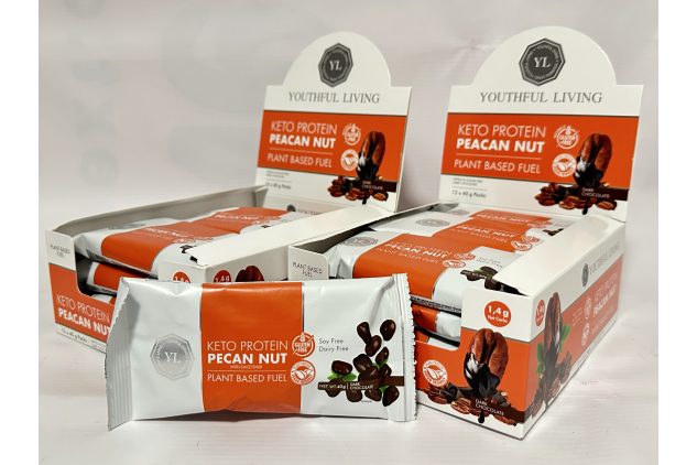Youthful Living Keto Protein Snack – Dark Chocolate Coated Pecan Nuts | 24 x 40g | High Protein, Vegan, Gluten Free, High Fibre