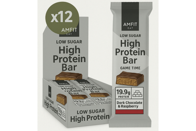 Amfit Low Sugar High Protein Bars – Dark Chocolate & Raspberry Flavour, 60g, Pack of 12 | 19.9g Protein Snack