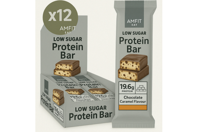 Amfit Low Sugar High Protein Bars – Chocolate Caramel – 12 × 60g – 19.6g Protein – Low Carb Snack for Fitness, Recovery & On-the-Go Fuel