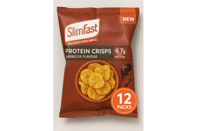 SlimFast Protein Crisps BBQ – Low-Calorie High-Protein Snack (96 Calories, 6.7g Protein) – Healthy Popped Soy & Potato Chips for Weight Loss – 12 x 23g Multipack