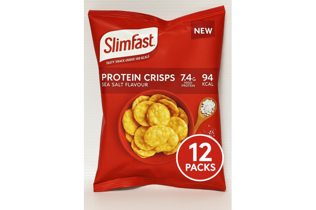 SlimFast Protein Crisps Sea Salt – Low-Calorie Healthy Snack (94 Calories, 7.4g Protein) – High-Protein Popped Soy & Potato Chips for Weight Loss – 12 x 23g Multipack