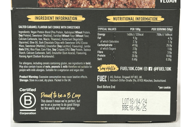 FUEL10K Salted Caramel Oat Cookies – High Protein, High Fibre, Low Sugar, Vegan – 12 x 50g
