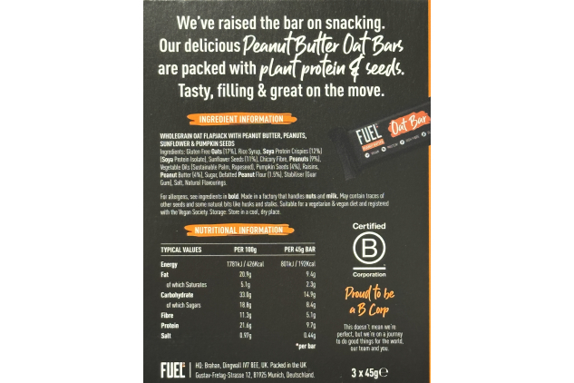 Peanut Butter Sunflower & Pumpkin Seed Oat Bars – High Protein & Fibre Snack, 45g (30-Pack) By FUEL10K