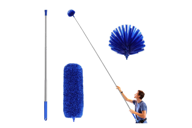 Ceiling Fan Duster with Extension Pole, Cobweb & Corner Brush Cleaning Kit w 2 Duster Heads for Cleaning,15-100 Inch Long Handle Aluminum Telescoping Pole, Washable（Blue）
