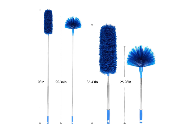 Ceiling Fan Duster with Extension Pole, Cobweb & Corner Brush Cleaning Kit w 2 Duster Heads for Cleaning,15-100 Inch Long Handle Aluminum Telescoping Pole, Washable（Blue）