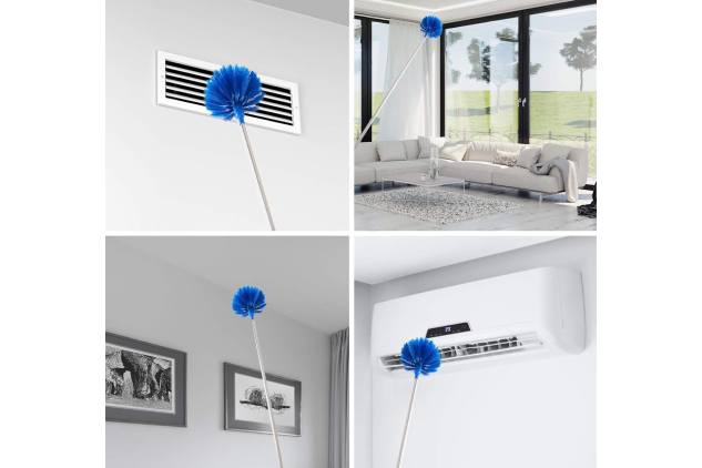 Ceiling Fan Duster with Extension Pole, Cobweb & Corner Brush Cleaning Kit w 2 Duster Heads for Cleaning,15-100 Inch Long Handle Aluminum Telescoping Pole, Washable（Blue）