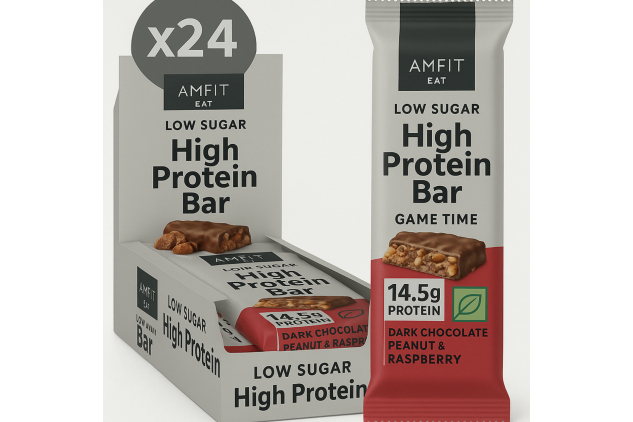 Low Sugar Plant Based High Protein Bar – Dark Chocolate, Peanut & Raspberry Flavour, 55g, Pack of 24 | AMFIT