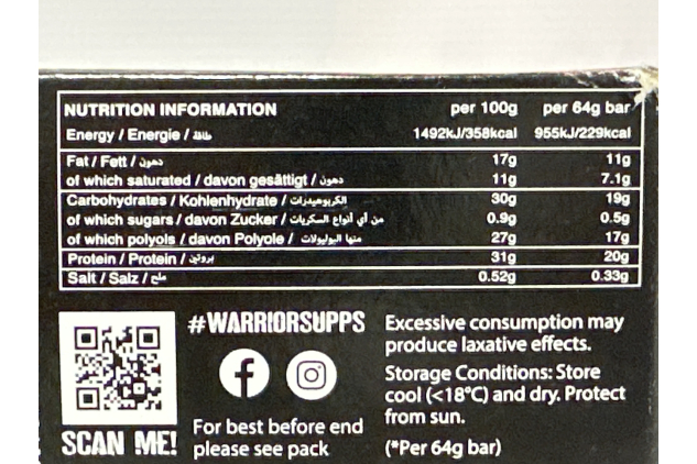 Warrior Crunch - High Protein Bars - 20g Protein Each Bar - Low Carb, Low Sugar Snack - 12 Pack x 64g (Raspberry Dark Chocolate)