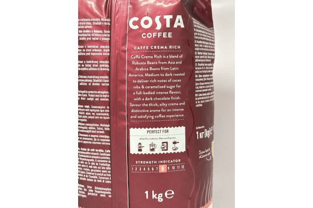 Costa Coffee Beans 1KG - Caffè Crema Rich | Medium-Dark Roast Whole Beans | Intensity 8/12