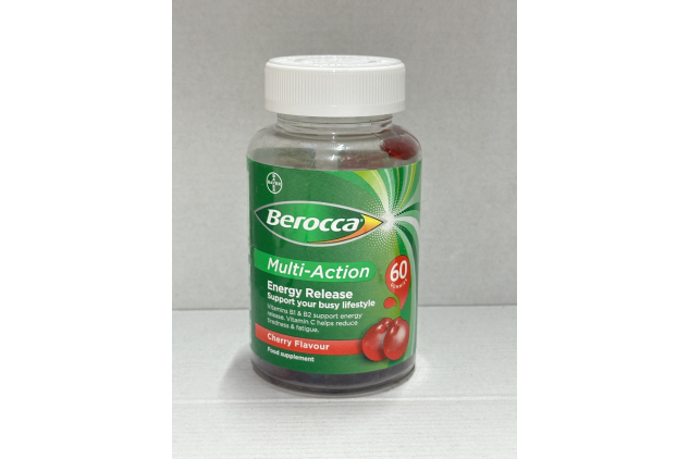 Berocca Multi-Action Multivitamin Gummies - Including Vitamin D, C, A, B-Complex (B1, B2, B3, B6, B7 & B12), E - Supplement for Women, Men and Kids - 60 Gummies - Cherry Flavour