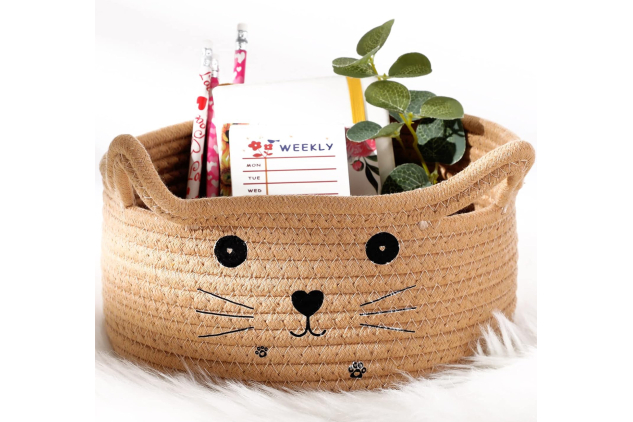 Cat Storage Basket Woven Organiser with Ears Decorative Pet Toy Cute Bin Cotton Rope Basket for Gift Cat Dog Toy Container Nursery Room(8.3 x 4.7 Inch,Khaki)