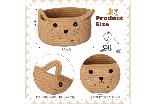 Cat Storage Basket Woven Organiser with Ears Decorative Pet Toy Cute Bin Cotton Rope Basket for Gift Cat Dog Toy Container Nursery Room(8.3 x 4.7 Inch,Khaki)