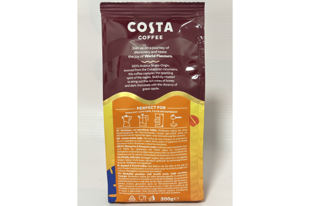 Costa Colombian Ground Coffee – 8 × 200g – Single Origin Dark Roast – Intensity 8 – Full-Bodied Flavour, 1.6kg Total