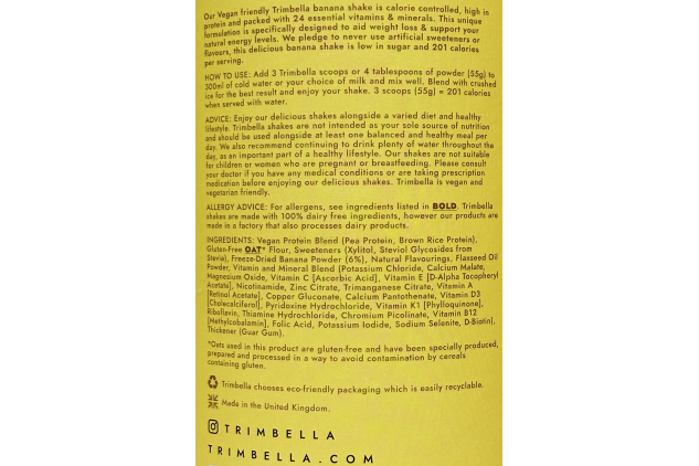 TrimBella Banana Meal Replacement Shake – 6 × 660g (72 Servings) – 25g Vegan Protein – High Fibre – Complete Nutrition for Weight Control