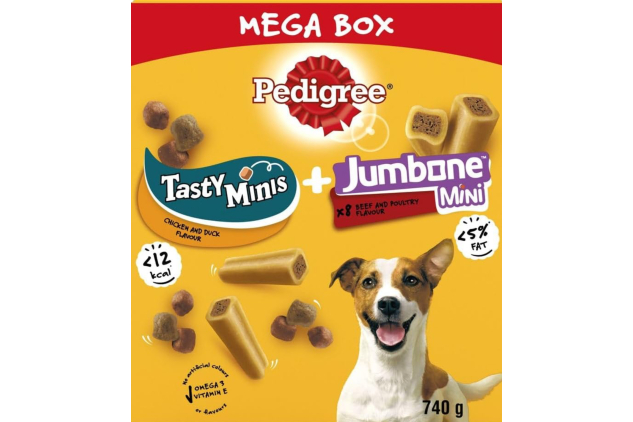 Pedigree Mega Box Dog Treats – 740g Multipack | 3 x 140g Tasty Minis + 8 Jumbone Mini Sticks | Chicken, Duck & Beef Flavours