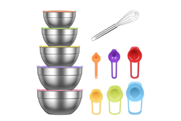 5-Piece Stainless Steel Mixing Bowl Set with Lids + Measuring Spoons & Whisk