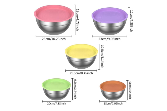 5-Piece Stainless Steel Mixing Bowl Set with Lids + Measuring Spoons & Whisk