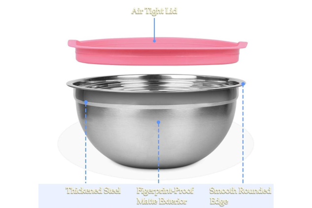 5-Piece Stainless Steel Mixing Bowl Set with Lids + Measuring Spoons & Whisk