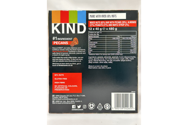 KIND Maple Pecan Almond Bars – 24 × 40g – Gluten-Free, High Fibre Snack – No Artificial Colours or Preservatives