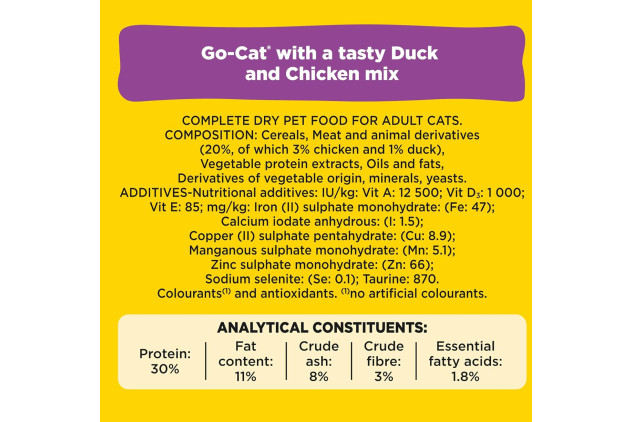 Go-Cat Adult Chicken & Duck Dry Cat Food – 10kg Bag – Complete Nutrition for Adult Cats – With Veg & Added Vitamins