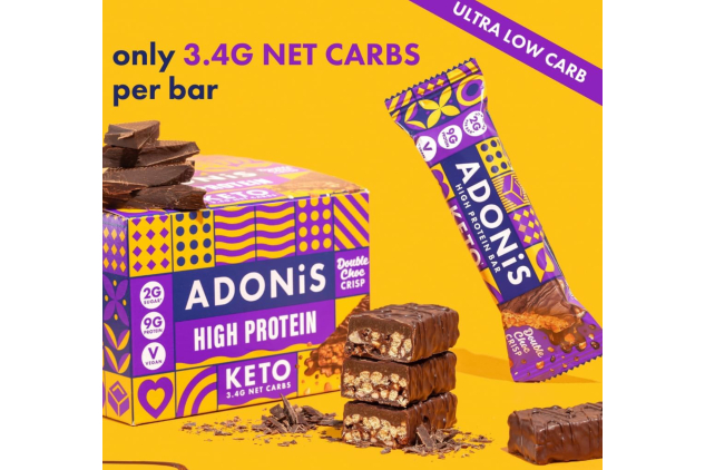 ADONIS Keto High Protein Bars – Double Chocolate Crisp – 16 × 45g – Low Carb & Vegan
