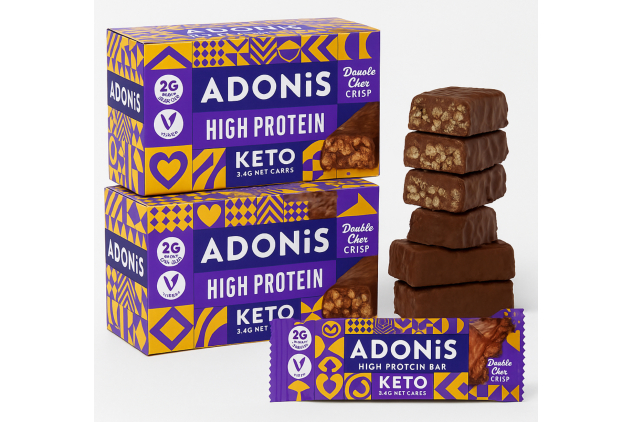 ADONIS Keto High Protein Bars – Double Chocolate Crisp – 32 × 45g – Vegan Low Sugar