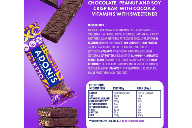 ADONIS Keto High Protein Bars – Double Chocolate Crisp – 32 × 45g – Vegan Low Sugar
