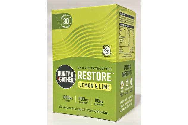 Hunter & Gather Restore Electrolytes – Lemon & Lime | 30 x 5.6g Sachets | No Added Sugar | Keto | Natural Hydration