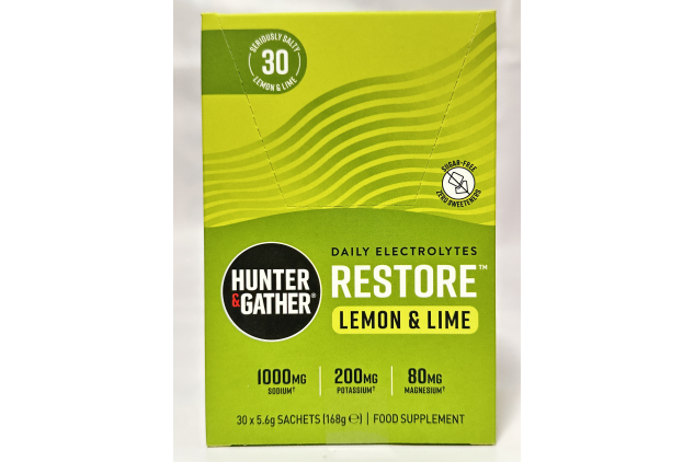 Hunter & Gather Restore Electrolytes – Lemon & Lime | 30 x 5.6g Sachets | No Added Sugar | Keto | Natural Hydration