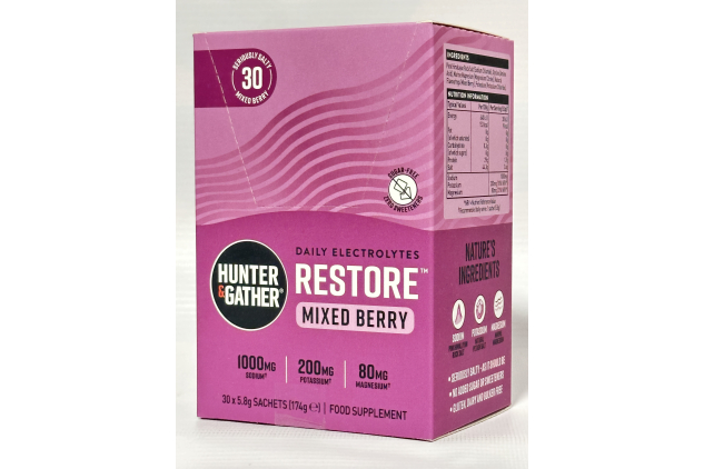 Hunter & Gather Restore Electrolytes – Mixed Berry | 30 x 5.8g Sachets | No Sugar | Keto | Natural Hydration