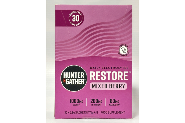 Hunter & Gather Restore Electrolytes – Mixed Berry | 30 x 5.8g Sachets | No Sugar | Keto | Natural Hydration