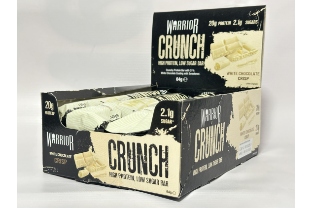 Warrior Crunch Protein Bars – White Chocolate Crisp | 12 x 64g | 20g Protein | Low Sugar & Low Carb | High Protein Snack