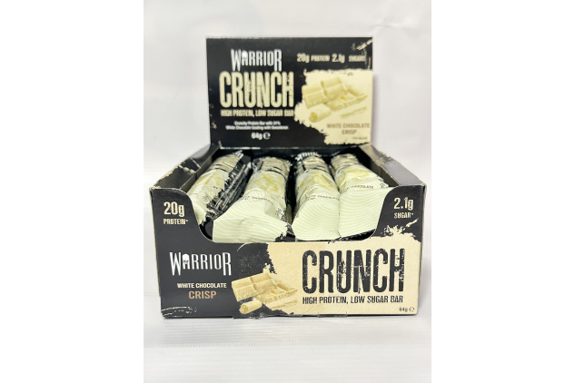 Warrior Crunch Protein Bars – White Chocolate Crisp | 12 x 64g | 20g Protein | Low Sugar & Low Carb | High Protein Snack