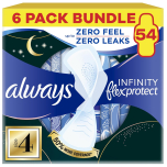 Always Infinity FlexProtect Night Pads with Wings Size 4 – 54 Pads (9 x 6 Packs) | Unscented | Secure Night Extra Protection | Flex Design | Ultra Thin & Absorbent